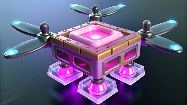 Futuristic neon pink stylized quadcopter drone with glowing blue propeller lights on dark reflective background