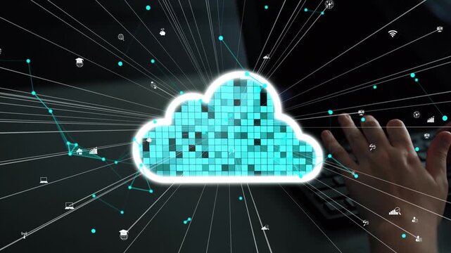 This image depicts a digital cloud technology concept showcasing data transfer, with a pixelated cloud and various technology icons, highlighting modern connectivity. Xenic