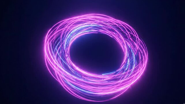Abstract neon glowing rings of light forming a circular portal on a dark background