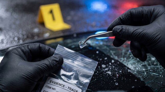 Forensic investigator collecting broken glass trace evidence from a vehicle at a crime scene
