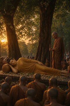 Reclining Buddha surrounded by monks beneath trees at sunset. Buddhist parinirvana scene symbolizing spiritual peace, meditation, devotion, and ancient religious tradition.
