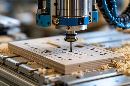 Automated Drilling Machine Aligns Hinge Holes for Kitchen Cabinet Production in a Workshop Setting