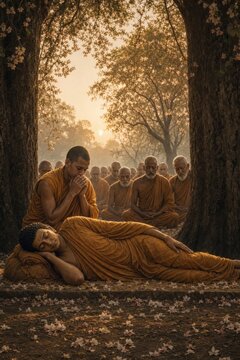 Buddhist monks meditating beside a reclining Buddha statue beneath flowering trees. Spiritual teaching, mindfulness, compassion, impermanence, and peaceful temple retreat.