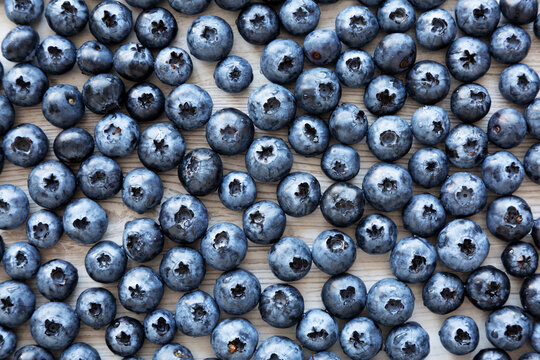 Healthy Organic Raw Blueberries, top view. Flat lay, overhead.