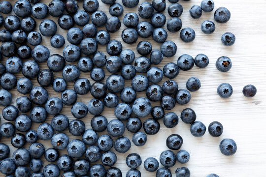 Healthy Organic Raw Blueberries, top view. Flat lay, overhead.