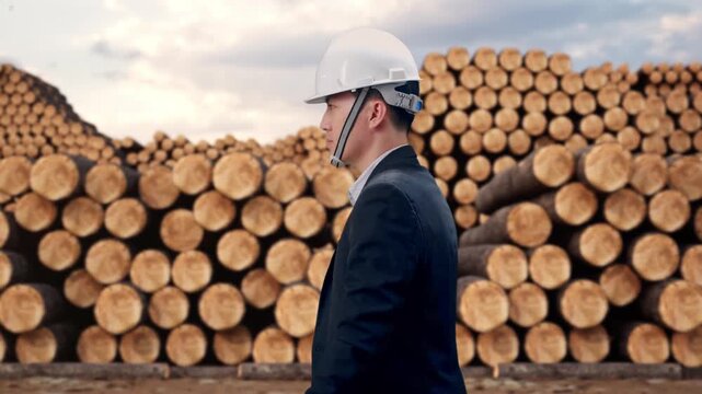 Side View of Asian Businessman Walking with Stacked timber logs pile at outdoor lumber yard