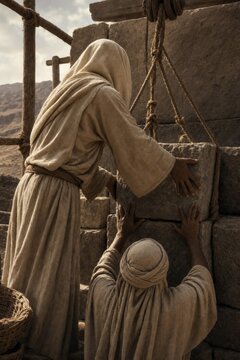 Ancient robed man helping another man lift a stone block with rope at a desert construction site. Historical labor, teamwork, perseverance, and biblical era concept.