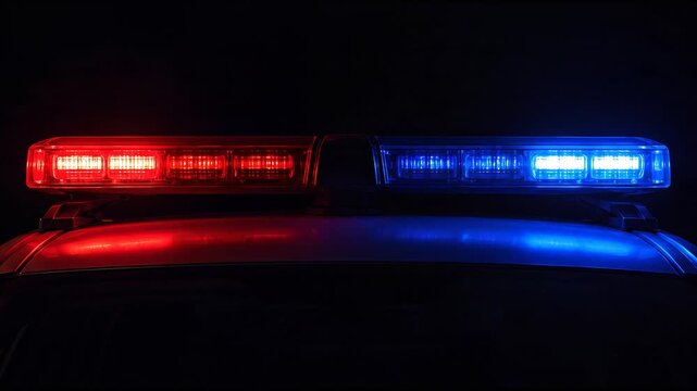 Close-up of an illuminated emergency vehicle light bar flashing red and blue at night
