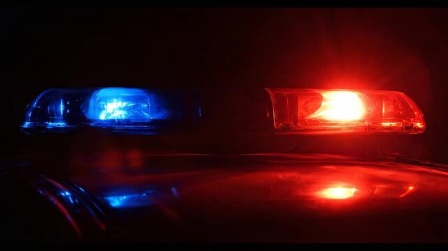 Red and blue flashing LED emergency lights on the roof of a police car at night