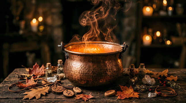A mystical halloween scene brewing potions and enchanted autumnal magic
