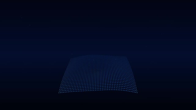 Abstract blue dot wave pattern floating in dark digital void creates fluid motion background for futuristic technology concepts and scientific data visualization.
