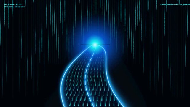 Digital data stream flowing through cyber tunnel tunnel represents information processing inside quantum computing system futuristic motion background aesthetic.