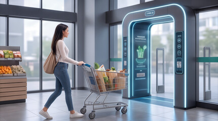 Fototapeta na wymiar Retail customer pushing shopping cart through futuristic automated checkout portal. Smart grocery store technology with digital scanning interface.