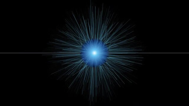 Blue light sphere with radiating particles emerging from center against black background dynamic motion graphic effect for abstract space science digital project.
