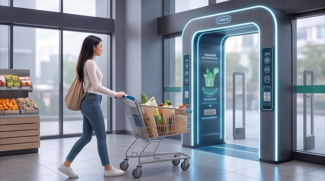 Retail customer pushing shopping cart through futuristic automated checkout portal. Smart grocery store technology with digital scanning interface.