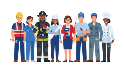 Obraz premium Diverse group of professionals standing together in various job uniforms