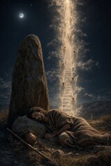 Fototapeta premium Sleeping man beneath a stone pillar sees angels ascending a luminous staircase into the clouds. Biblical dream vision symbolizing faith, spiritual journey, divine connection, and hope.