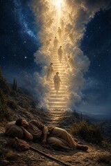 Fototapeta premium Jacobs ladder: a man sleeps on rocky ground, dreaming of angels ascending and descending a luminous stairway to heaven
