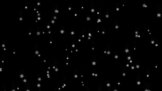 Falling snowflakes on black background for winter overlay footage as seamless loop animation for festive holiday design projects or cold weather climate effects.