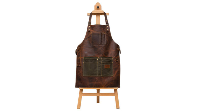 Artisan leather apron on display easel