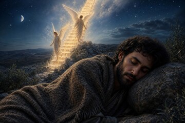 Fototapeta premium Sleeping man beneath a starry sky as angels ascend a glowing staircase toward heaven. Spiritual vision of faith, divine guidance, dreams, death, and biblical symbolism.