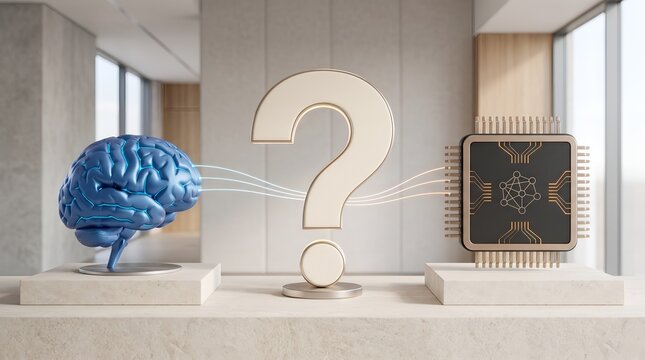 Brain and computer chip connected by question mark