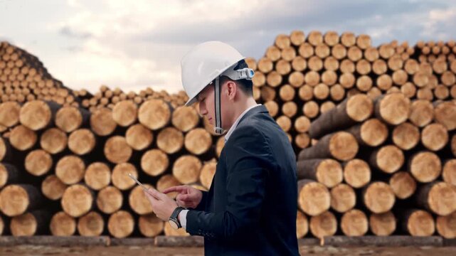 Side View of Asian Businessman Use Tablet While Walking with Stacked timber logs pile at outdoor lumber yard