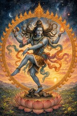 Obraz premium Hindu god Shiva performing the cosmic dance within a flaming golden ring, surrounded by stars, lotus petals and celestial light. Symbol of creation, destruction and spiritual transformation.