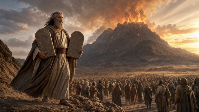 Bearded prophet holding stone tablets before a crowd at a blazing mountain. Biblical wilderness scene symbolizing faith, revelation, law, leadership, and spiritual journey.
