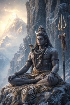 Hindu god Shiva meditating beside a trident and tiger in a snowy mountain landscape. Spiritual devotion, yoga, mythology, inner peace, and divine power concept.