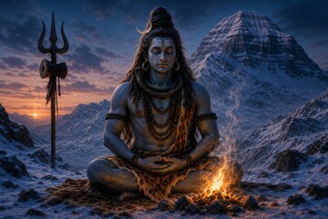 Fototapeta premium Hindu deity Shiva meditating beside a sacred fire in a snowy Himalayan mountain landscape. Spiritual devotion, yoga, mythology, and inner peace concept.