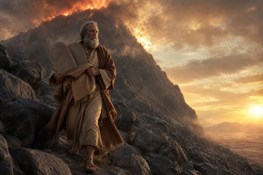 Bearded biblical man carrying stone tablets across rocky mountain terrain. Ancient religious story concept with dramatic sunset, wilderness journey, faith, law, and spiritual leadership.