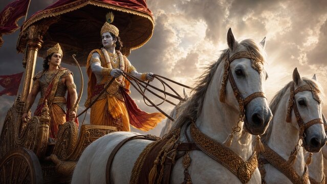 Mythological man driving an ornate chariot with a warrior man and white horses. Ancient Indian epic scene symbolizing duty, guidance, courage, spirituality, and battlefield leadership.