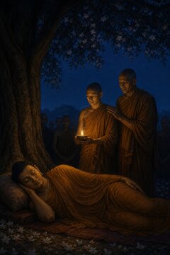 Buddhist monks holding a candle beside a reclining Buddha under a flowering tree at night. Spiritual meditation scene symbolizing peace, compassion, enlightenment, and impermanence.