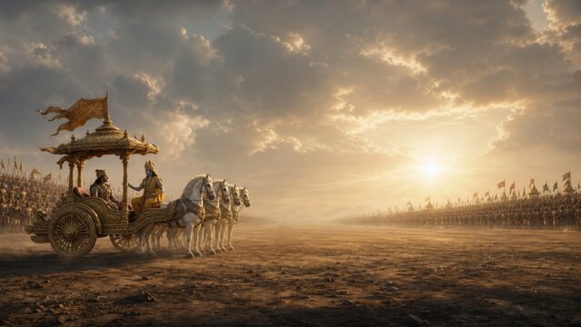 Golden chariot with divine figures and white horses amidst vast armies under a dramatic sunrise sky