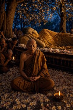 Buddhist monk meditating before reclining Buddha statue during a flower offering ceremony. Spiritual devotion, mindfulness, impermanence and peaceful religious ritual in a temple garden.