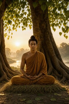 Man meditating beneath a sacred tree at sunrise. Buddhist spirituality, mindfulness and inner peace in a serene natural landscape. Contemplation, yoga and wellness concept.