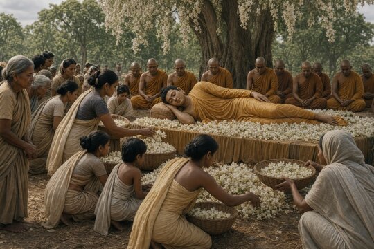 Devotees offering flowers to a reclining Buddha statue under a flowering tree, surrounded by monks in meditation