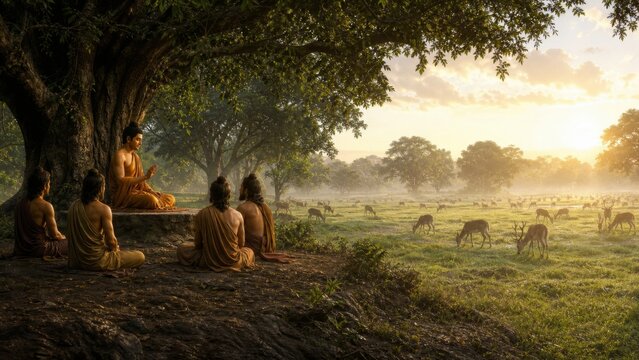 Buddhist monk teaching disciples beneath a tree at sunrise beside a deer meadow. Spiritual meditation, mindfulness, ancient wisdom, and peaceful nature concept.