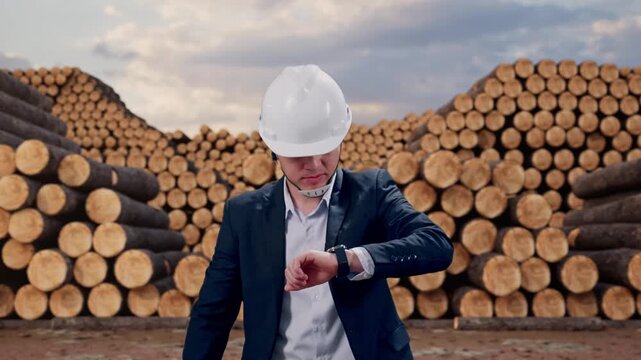 Front View of Asian Businessman Walking, Checking Time in Watch with Stacked timber logs pile at outdoor lumber yard