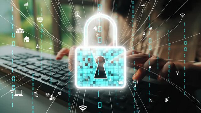 A digital security concept featuring a glowing lock symbol interlinked with data protection icons while a person types on a keyboard in an office. Xenic