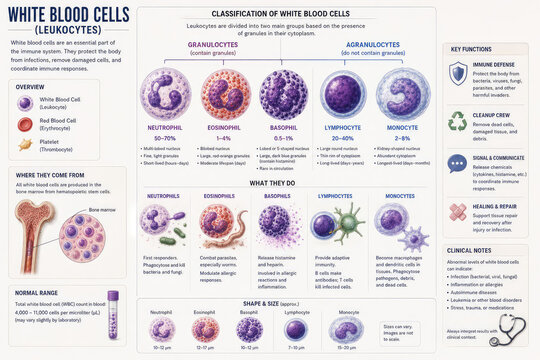 White blood cells infographic showing leukocyte types, functions and immune defense