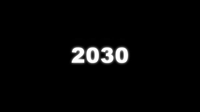 Dynamic scrolling progression timeline animation of 2020 to 2030 years. Scrolling Timeline 2030 Text Animation on Black Background. Vertical Progression from Past to Future Evolution Timeline. 