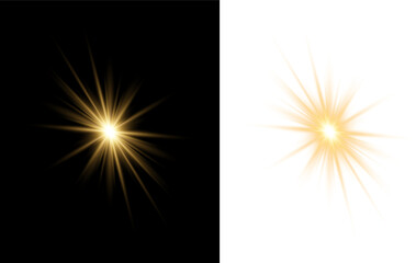 Fototapeta premium Golden light starburst flare effect on black and transparent background