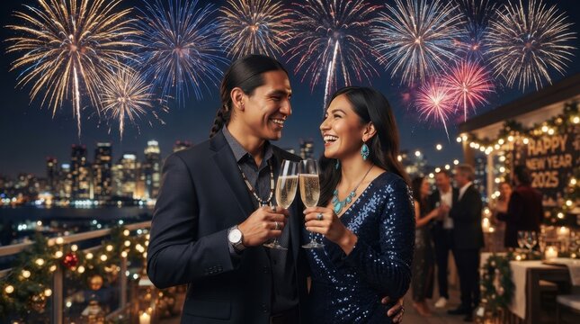 Couple celebrating New Year's Eve with champagne and fireworks over city skyline
