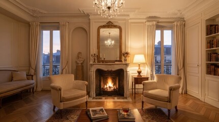 Fototapeta premium Elegant Parisian living room with a fireplace and city view at dusk