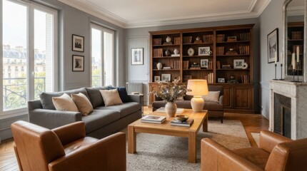 Fototapeta premium Elegant living room with a large bookshelf and comfortable seating