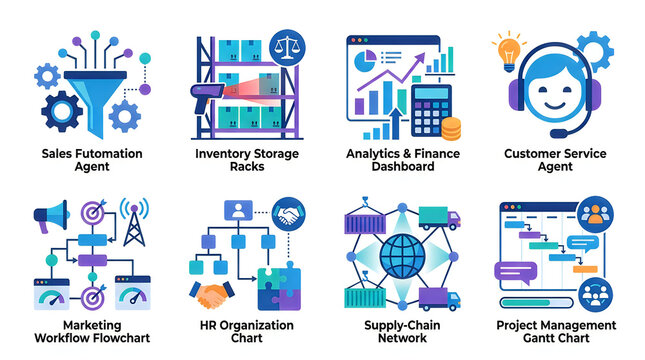 Business concept icons set for sales, inventory, analytics, customer service, marketing, HR, supply chain, and project management