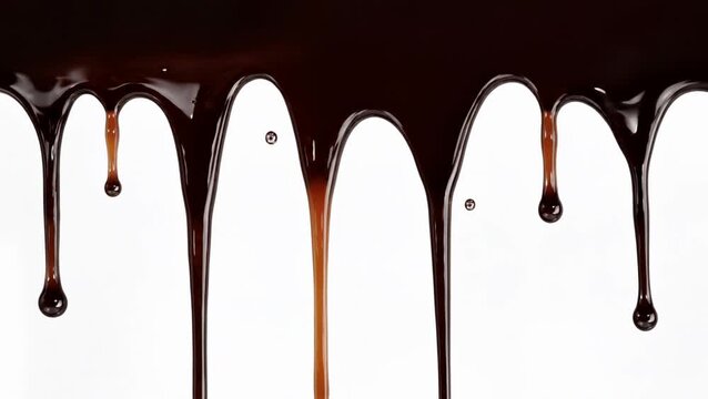 dark chocolate syrup flowing and dripping with glossy texture on white background