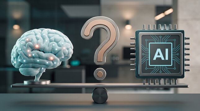 Human brain vs AI chip on a balanced scale with question mark